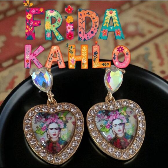 Frida Kahlo Gold Tone Heart Earrings with Crystal Accents - Picture 1 of 2